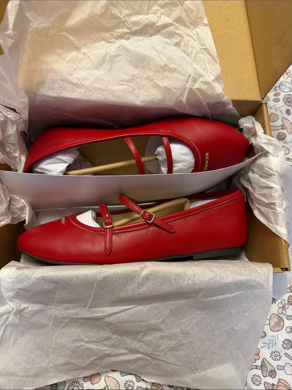 Coach Red Leather Mary Jane Flats with Double Strap